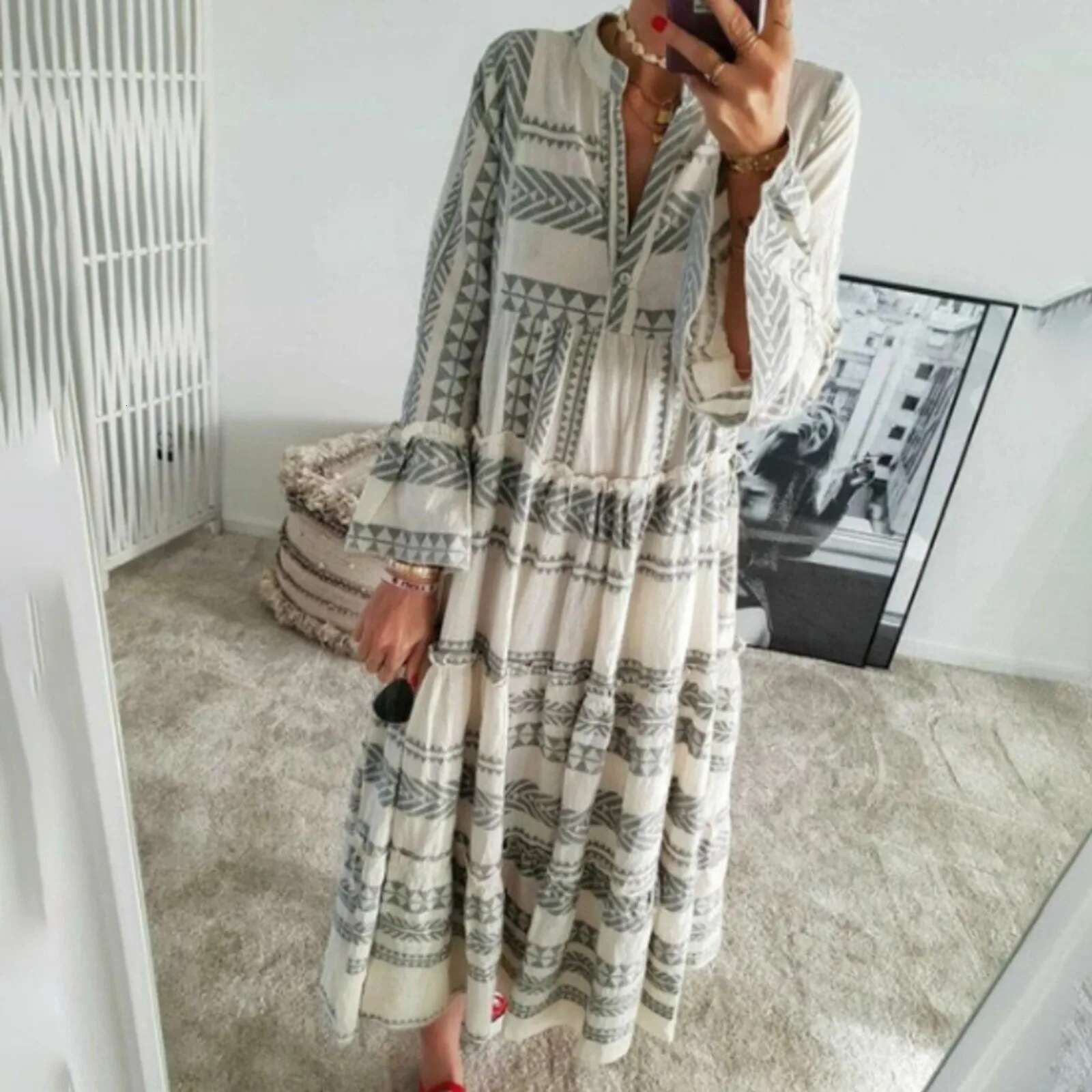 Dongdumaoyi Fashion Geometric Print Dress Women Flare Sleeve V Neck For Beach Vacation Casual Loose Ladies Ruffles Flared A Line