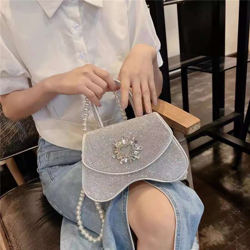 Spring and summer new rhinestone full of tassel handbag banquet dress one-shoulder cross-body pearl chain women's bag