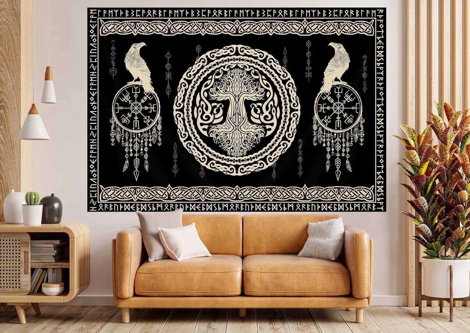 Viking Art Tapestry Raven Ancient Rune Dragon Totem Norse Mythology Tapestries Black White Mystical Geometric Norse MythologyM251125