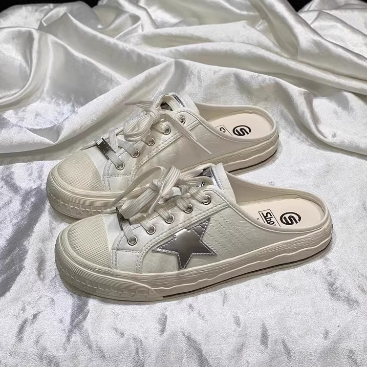 2025 New Retro leisure Women's Board Shoes Star Pattern Wearing Flat Half Slippers Size 35-40