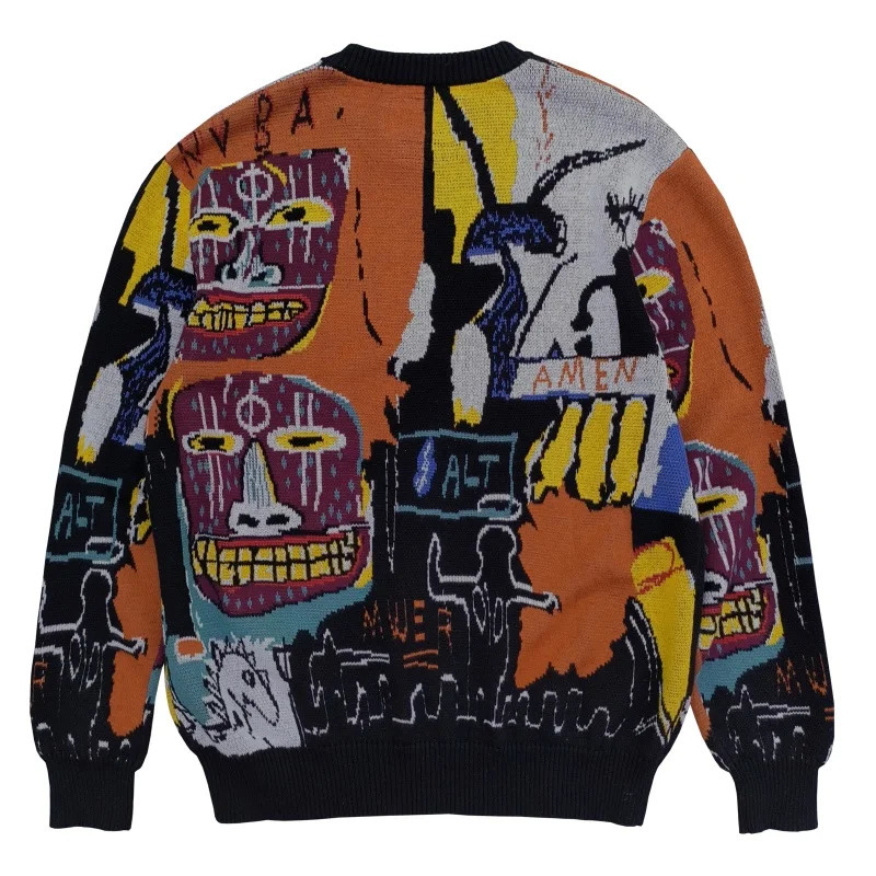 Streetwear Graffiti Cartoon Pullover Mens Sweater Long Sleeve Casual Patchwork Baggy Knitted Clothes Oversized Crew Neck Tops 251124
