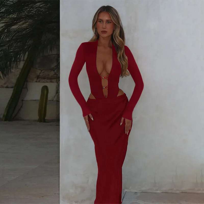 Dongdumaoyi Townlike Hollow Out Slim Bodycon Dress Women Autumn Winter Maxi Long Deep V Neck Nightclub Sexy Party Dresses