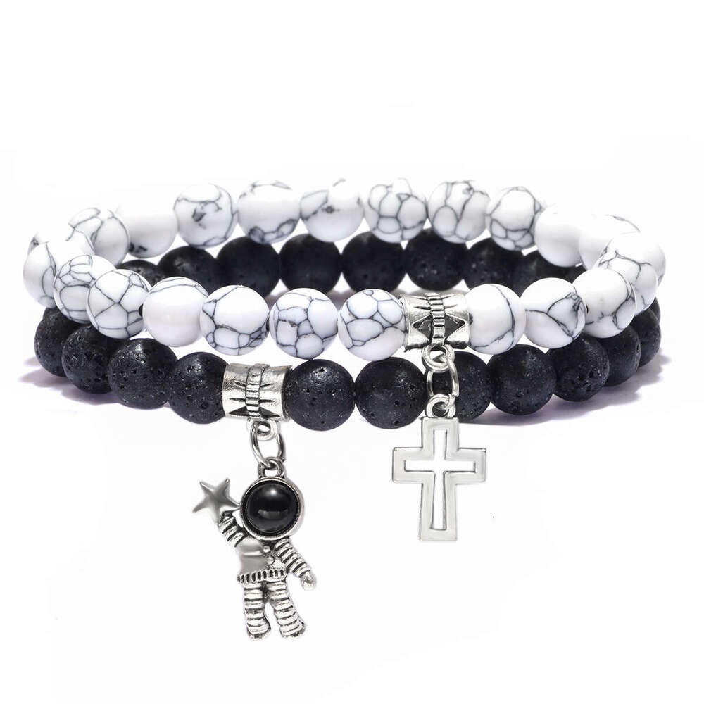 White turquoise volcanic cross pendant trendy men's personality natural stone bracelet versatile
