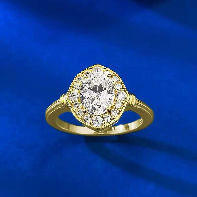High Quality 1.5ct D Color Oval Cut Moissanite 925 Sterling Silver Womens Wedding Ring with 18K Gold Plating