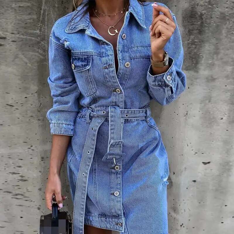 Dongdumaoyi Spring Denim Lapel Long Sleeve Single Breasted Slim Women S Clothing Fashion Dress C