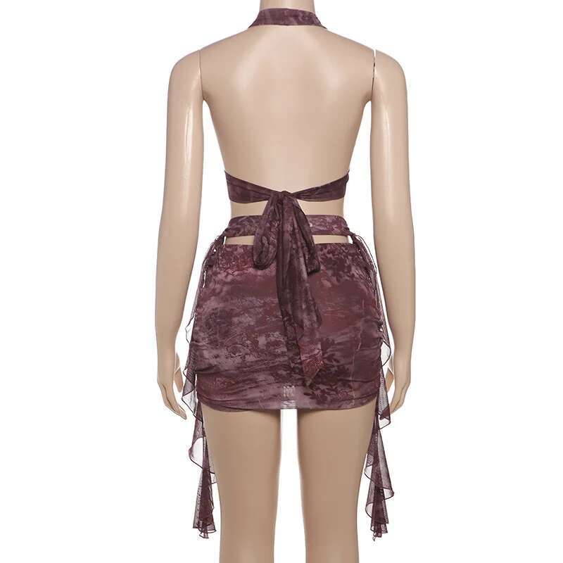 Dongdumaoyi Townlike Mesh Print Slim Bodycon Dress Women Halter Mini Spring Summer Deep V Neck Nightclub Sexy Party Dresses