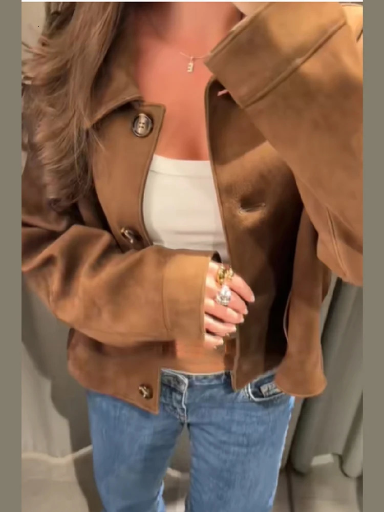 Suede Leather Short Jacket Coat Fashion Stand Collar Vintage Casual Motorcycle Jackets Baggy Front Shoulder Women Outwear Top 251124