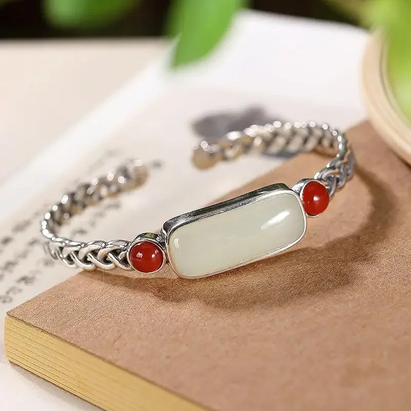 Natural an Jade Southern Red Tourmaline retro creative bracelet for women open bangles Original silver jewelry 250424