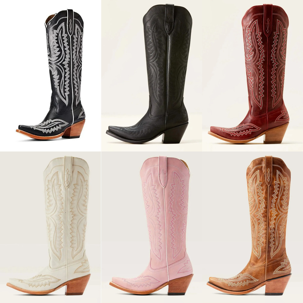 designer boots side embroidery shoes High Barrel Large Size Western Cowboy Boots pointed thick high heel tube large western zipper cowboy boots cowboy