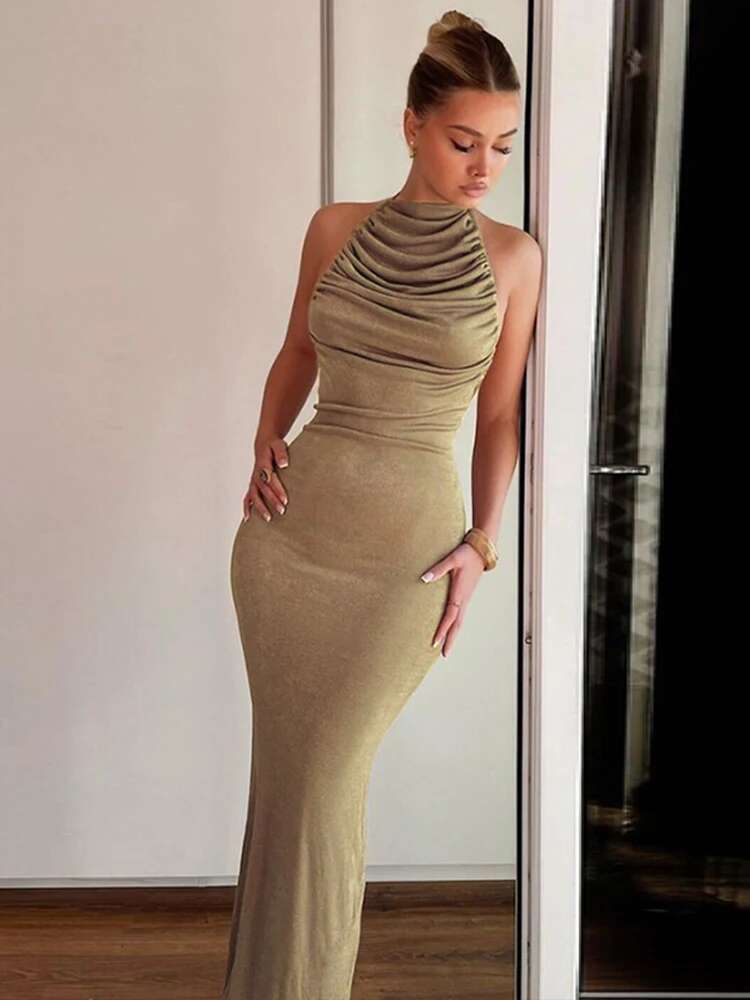 Dongdumaoyi Townlike Elegant Off Shoulder Maxi Long Dress Women Halter Spring Summer Slim Bodycon Backless Sexy Party Dresses