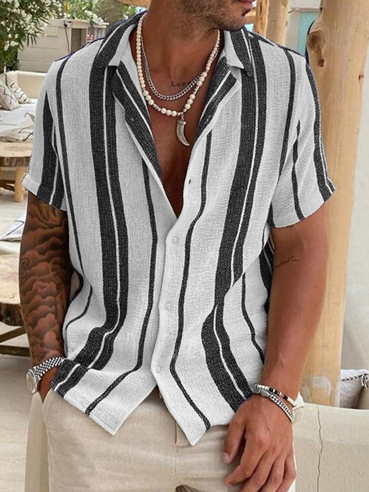 Summer Short Sleeve Large Geometric Stripe Element Coconut Tree Printed Shirt Mens Youth Top Shirt Loose and breathable
