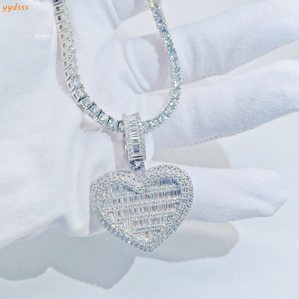 Men Women Necklace Moissanite Jewelry Hip Hop Heart Shape Pendant Baguette Vvs Diamond Custom 925 Sterling Silver Pendant