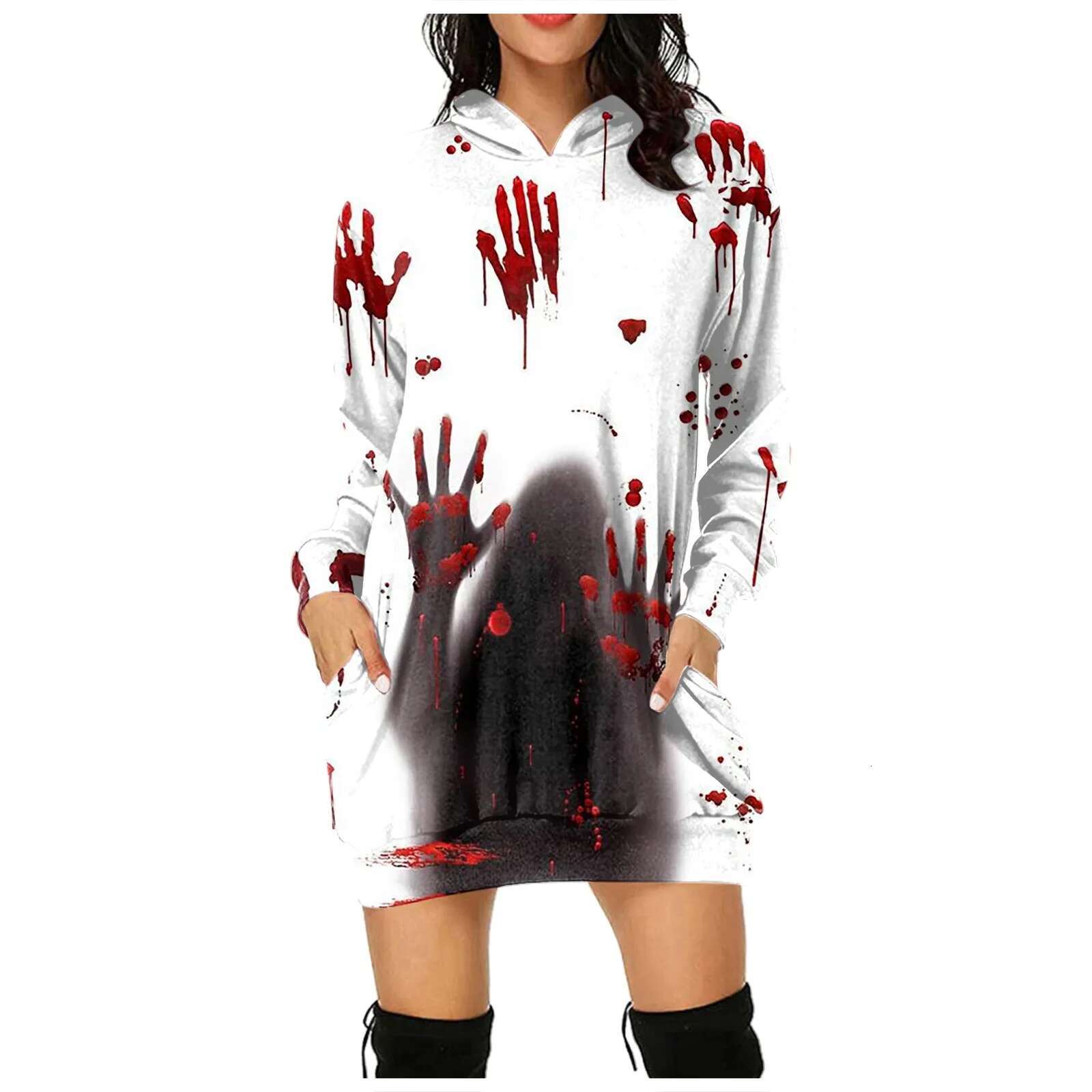 Dongdumaoyi Halloween Casual Dress Long Sleeve Vestidos Bloody Funny Letter Print Ladies Hoodie Pocket Dresses Woman Streetwear