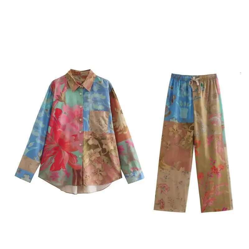 2024 Print Sets For Woman New Fashion Long Sleeve Shirts Chic Drawstring Wide Leg Pants Casual 2 Pieces Women Outfits