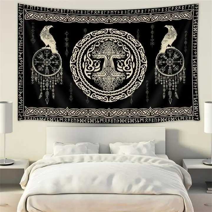 Viking Art Tapestry Raven Ancient Rune Dragon Totem Norse Mythology Tapestries Black White Mystical Geometric Norse MythologyM251125