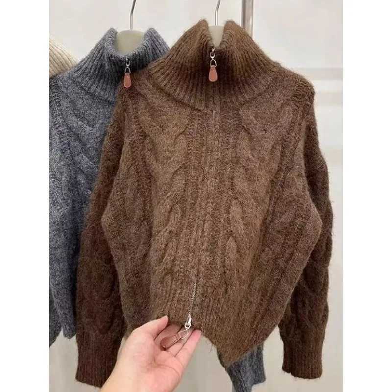 Korean Double Zipper Solid Color Fried Dough Twists Turtleneck Women Retro Sweater Autumn Winter New Casual Knitted Cardigan 10T251125