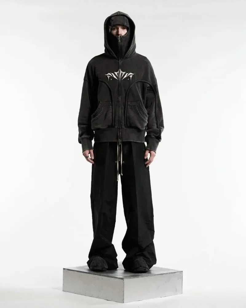 Y2K Harajuku Ninja Zipper Hoodie Oversized Embroidery Washed Double Hat Sweater American Streetwear Gothic Mens Top M250425