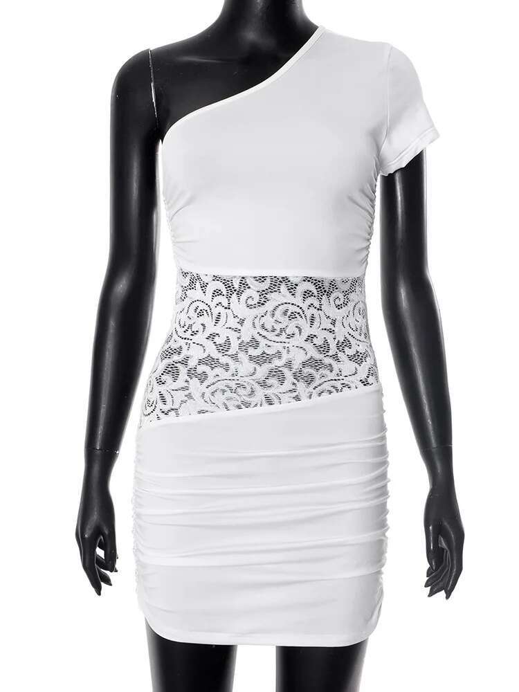 Dongdumaoyi Townlike Lace Patchwork Slim Bodycon Dress Women One Shoulder Mini Spring Summer Nightclub Sexy Party Dresses
