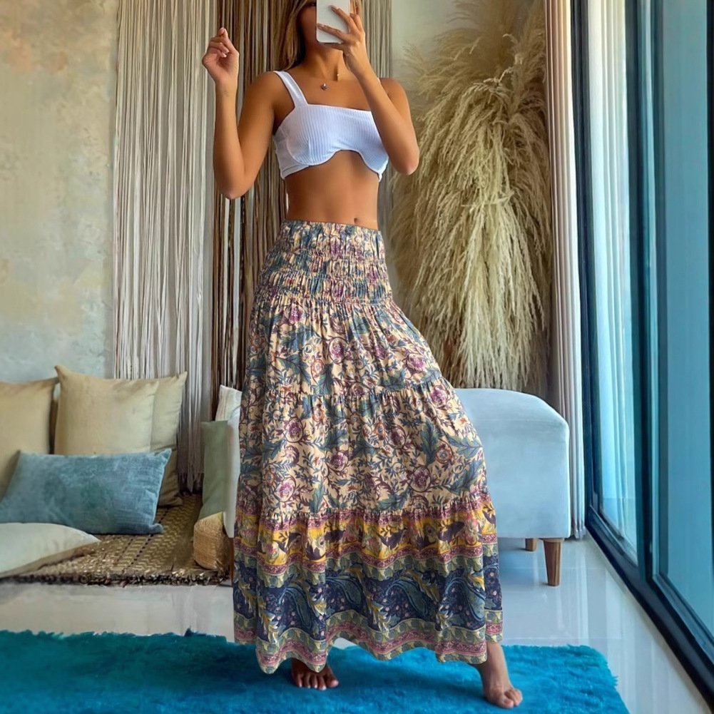 2025 Summer High Waist Elastic Waist Loose Printed Long Skirt for Women