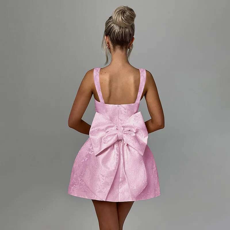 Dongdumaoyi Townlike Jacquard Waist Wrap A Line Dress Women Spaghetti Strap Spring Summer Bow Nightclub Sexy Party Dresses