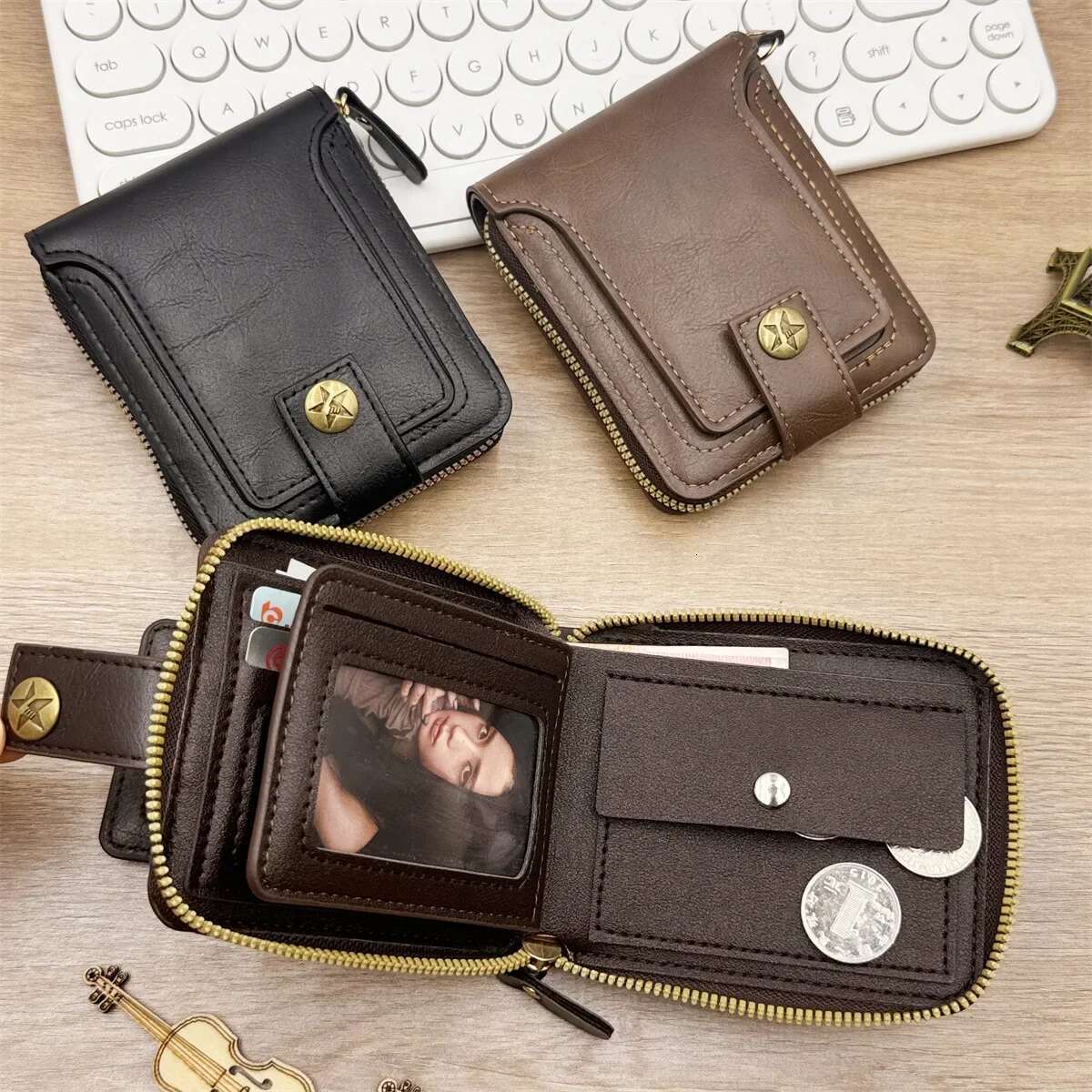 Vintage Men's Wallet PU Leather Short Purse Men Hasp Zipper Clutch Solid Color High Quality Durable Convenient Wallets