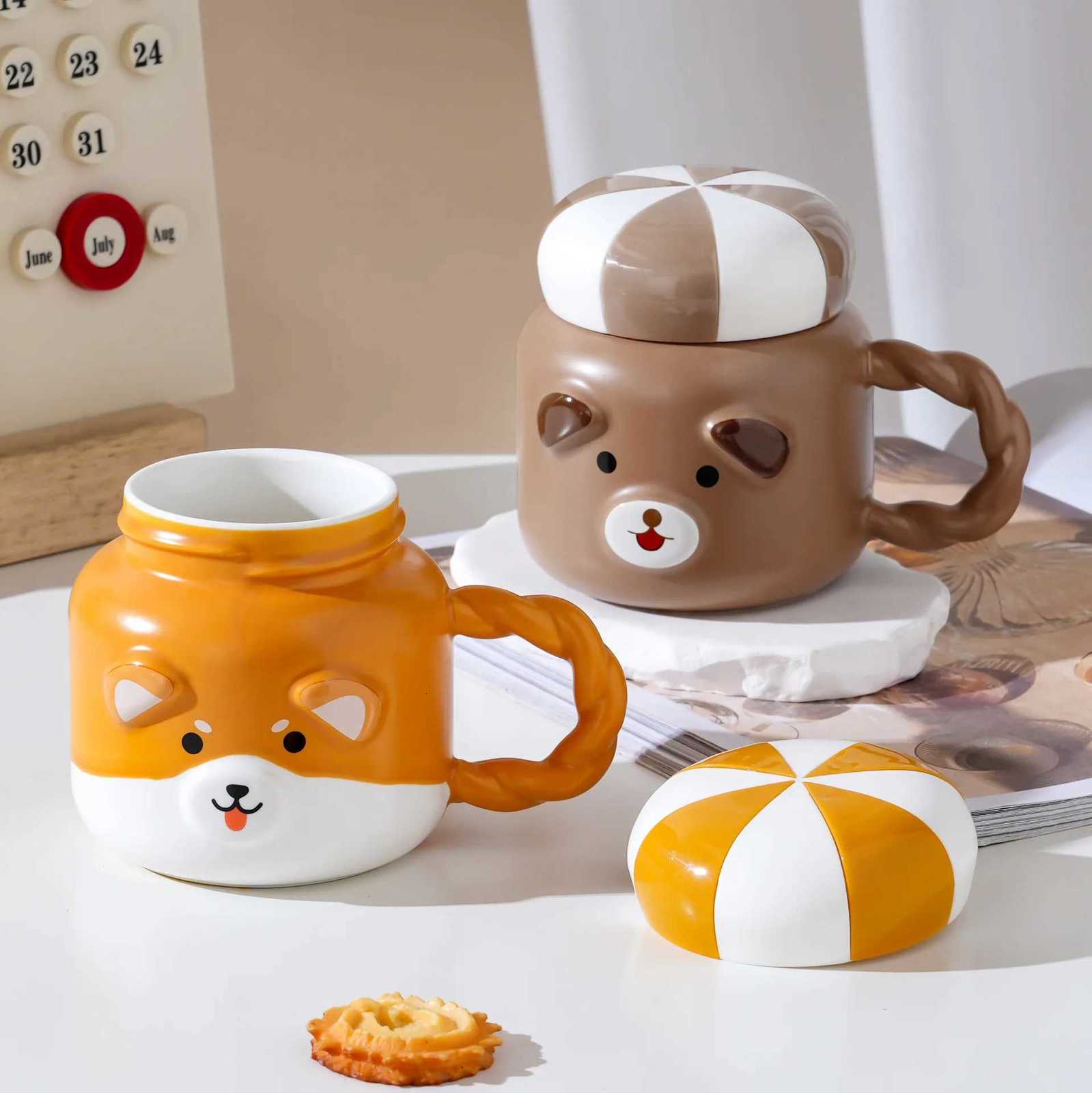 Capped mug Imitation thermos shaped casual cup Little Bear Ceramic Big Belly Cup Company Drinking mug Home breakfast milk cups Y251125
