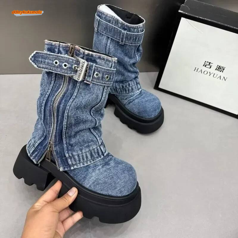 Ladies Shoes 2024 Fashion Sleeve Women's Spring Autumn Round Toe Denim Solid Middle Tube Platform Chunky Heels Boots ddmykukumalu