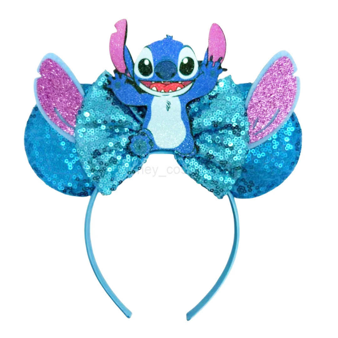 Disney 2024 Mickey Mouse Ear Headband Womens Party Hair Accessories Cartoon Lilo Stitch Girls Headband Shining Bow X250425