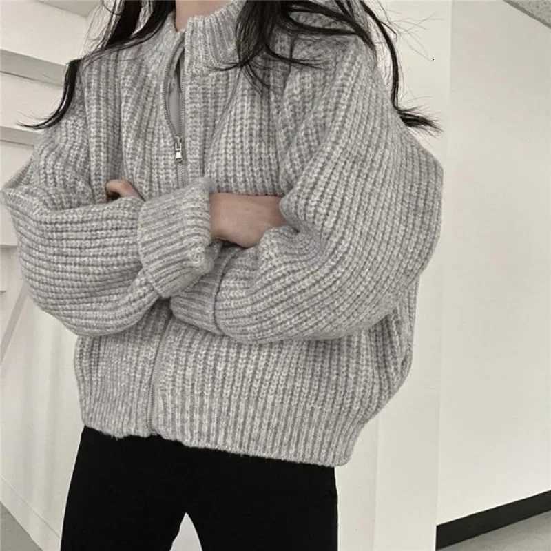 Autumn Elegant Cardigan Zipper Knitwear Winter New Womens Crew Neck Knitted Long sleeved Sweater Solid Color Casual TopT251125