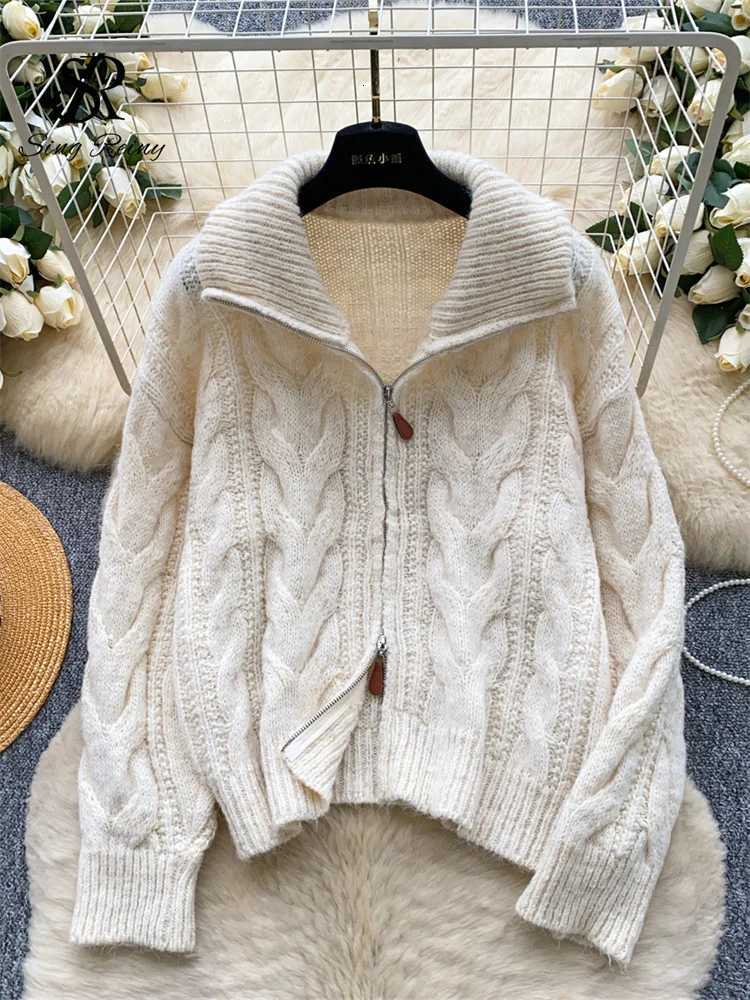 SINGREINY Women Vintage Thick Knitted Cardigan Lapel Full Sleeve Zipper Design Autumn Trend Tops Winter Twist Drill Lazy SweaterT251125