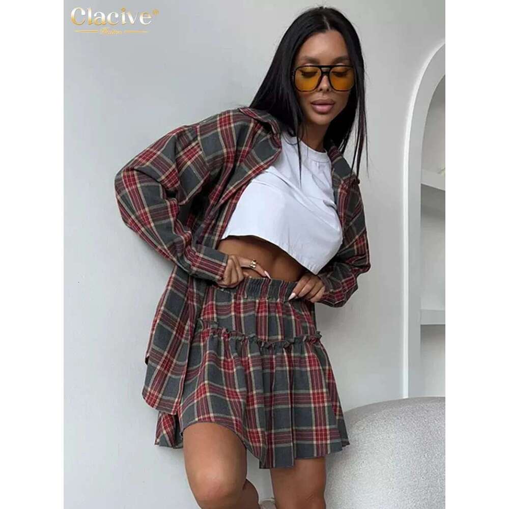 Clacive Fashion Loose Plaid 2 Piece Sets Women Outfit 2025 Elegant Long Sleeve Shirt With High Waist Mini Skirt Set Female