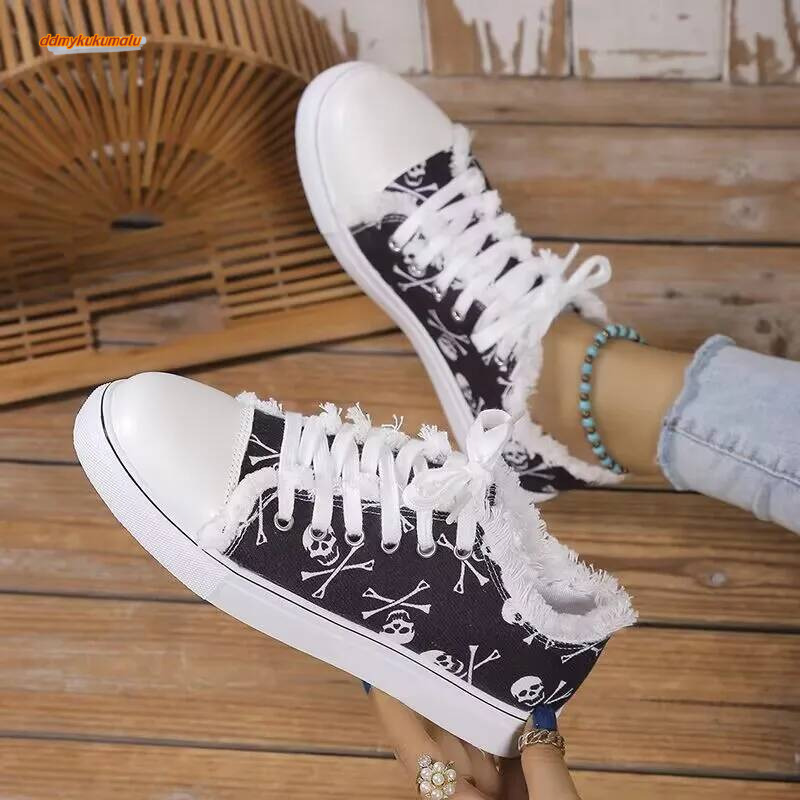 Floral Skull Canvas 2024 Spring Autumn Women Large Size Flat Sneakers Female Lace-up Casual Vulcanized Shoes Zapatos ddmykukumalu