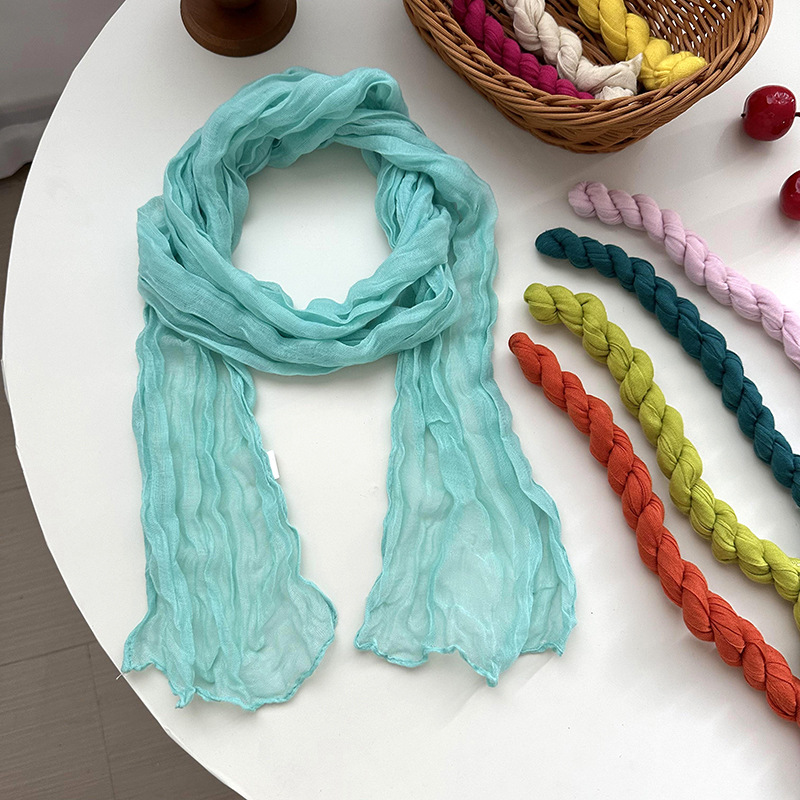K518 Scarf women 2024 new all-match candy color small twist wrinkled silk scarf plain Bali yarn shawl scarf wholesale