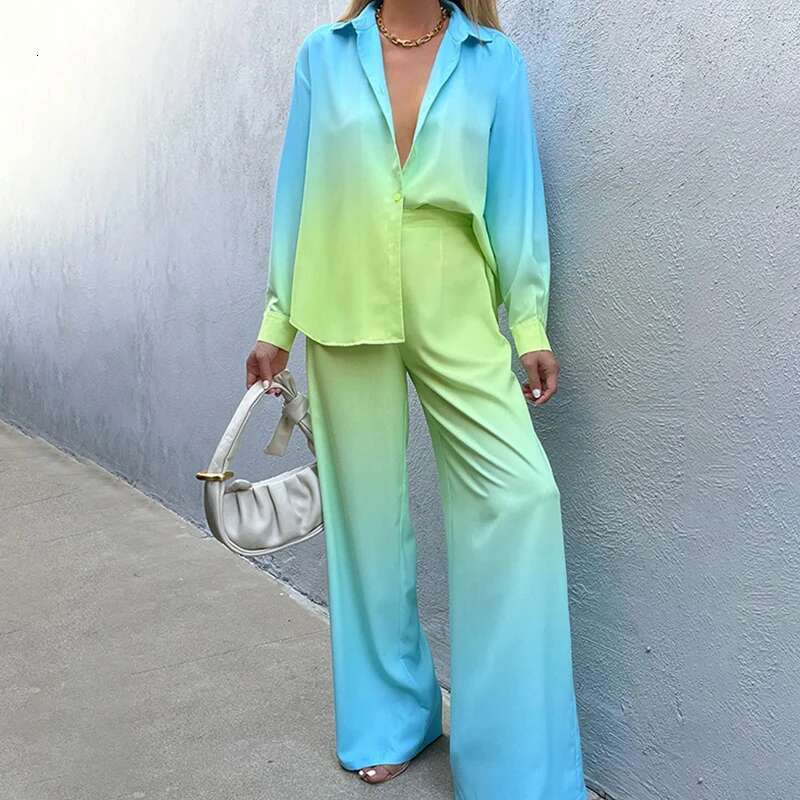Fashion Gradient Print Two Piece Set For Women Lapel Buttons Shirt And Long Pants Outfits Spring Summer Office Lady Casual Suits