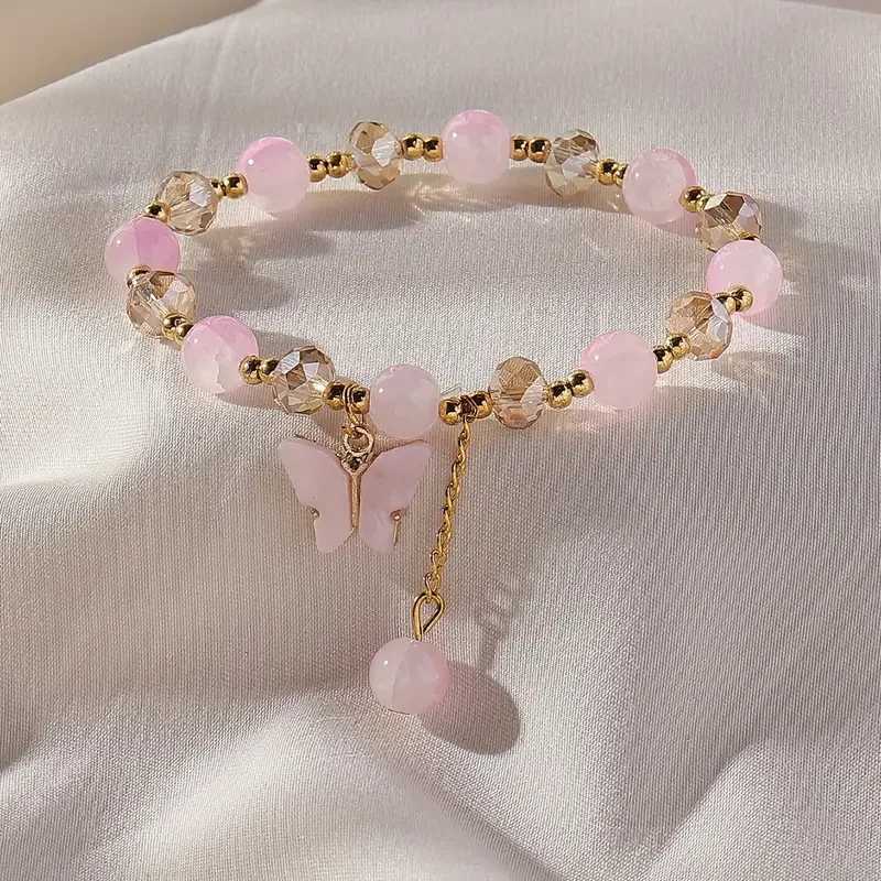 Purple Butterfly Charm Beaded Stretch Bracelet For Women Multi Color Crack Faceted Beads Round Charm Cute Girls Jewelry Gift J251125