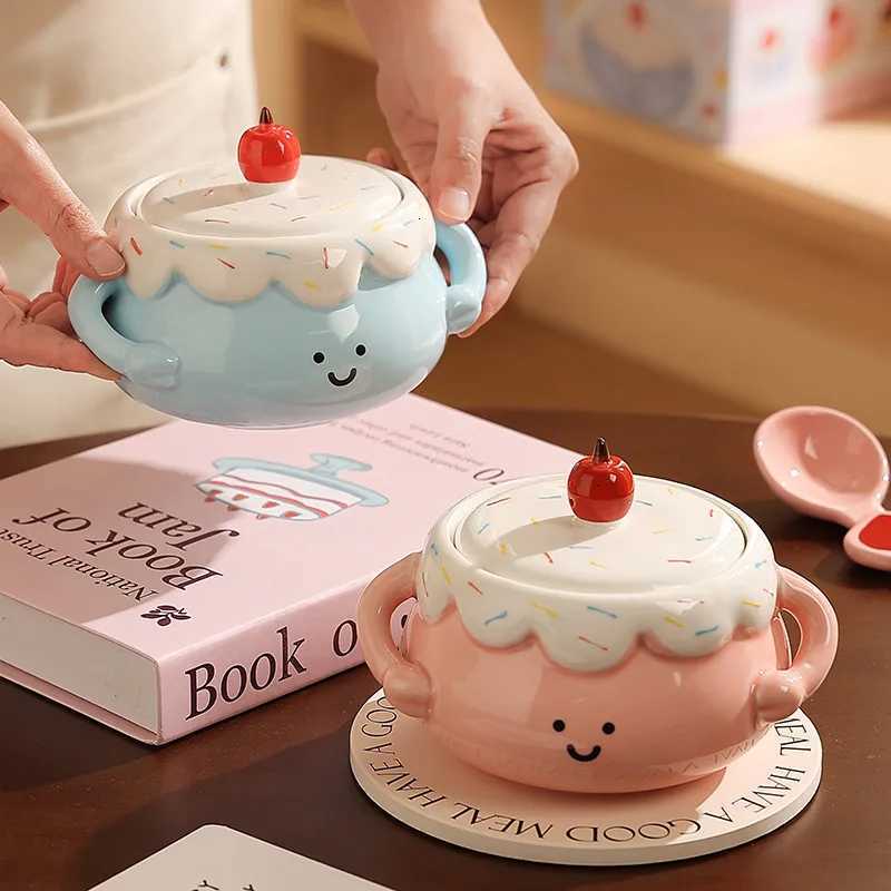 Exquisite Household Stew Pot High Aesthetic Ceramic Bowl With Lid Steaming Egg Bowl Double Ear Small Bowl Underglaze Color Bowl Y251125
