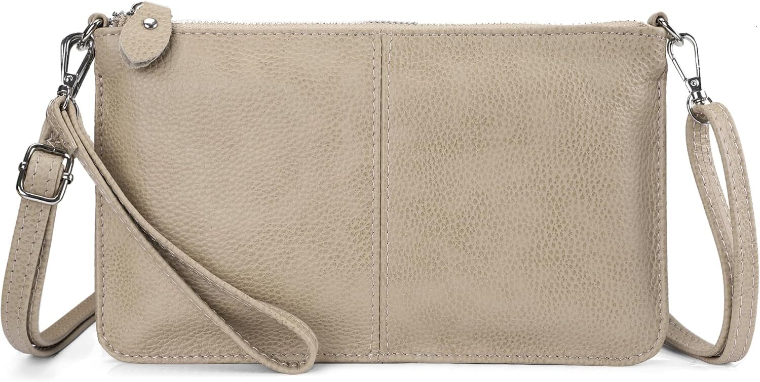 Genuine Leather Wristlet Clutch Wallet Purses Small Crossbody Bags Shoulder Handbag For Women, Sier Zipper