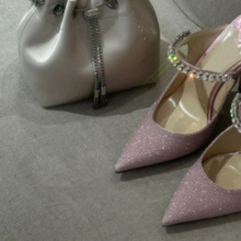 Women's Glitter Pink Pointed Toe Mule High Heels, Rhinestone Strap Elegant Evening Party Dress Shoes---168-1