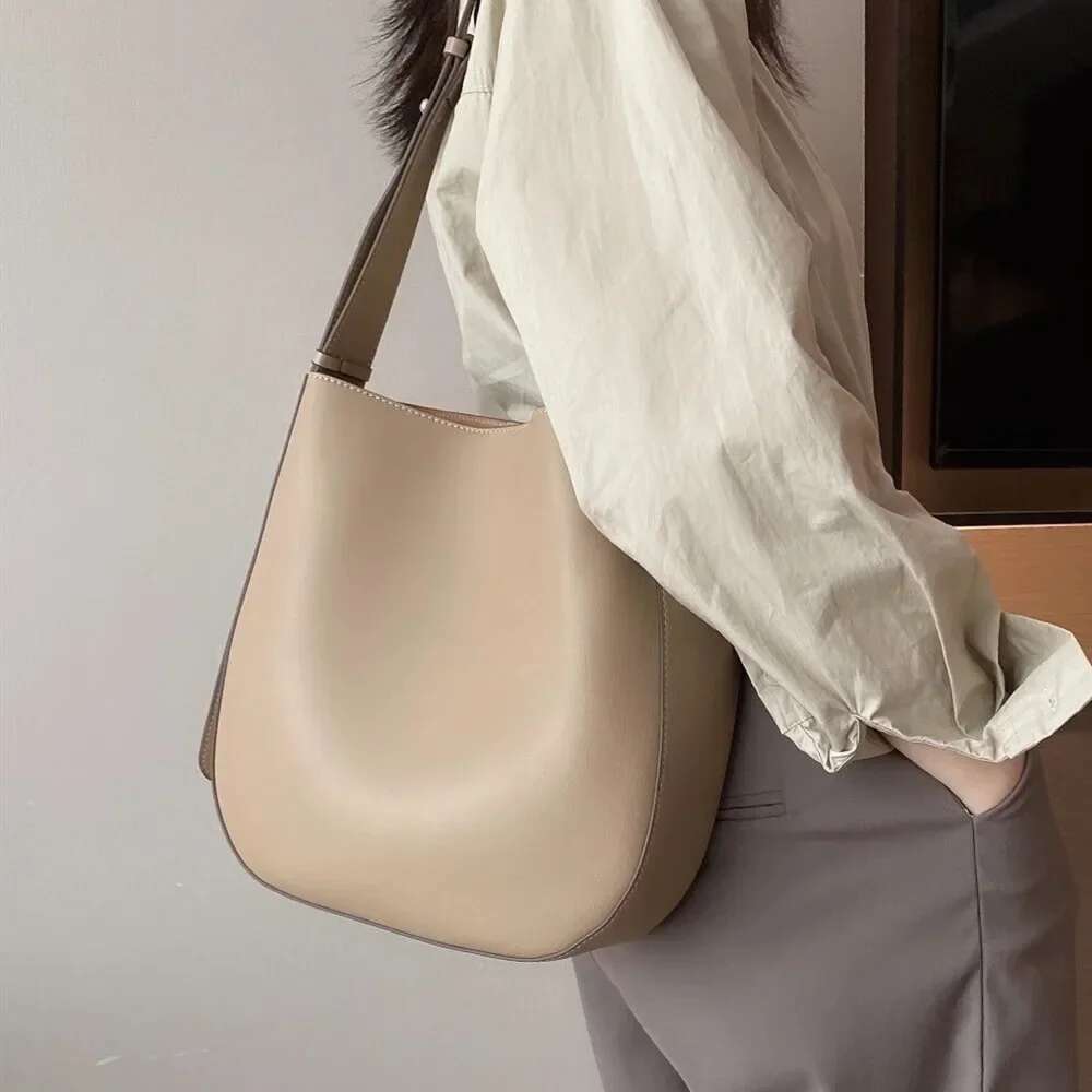 Designer Bag Minimalist Japan Korean Style Solid Color Bucket Tote Dark Brown Cowhide Leather Women Shoulder Winter Crossbody Bag
