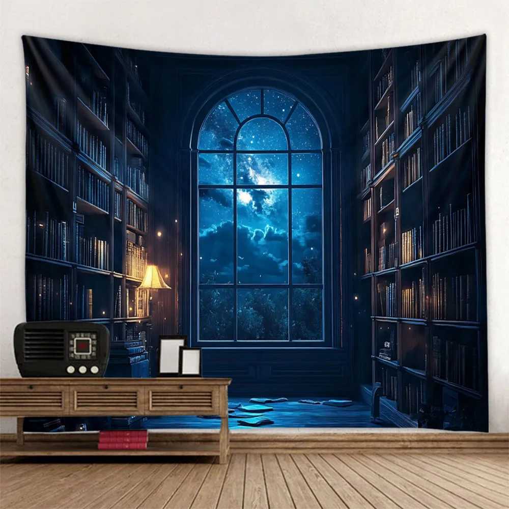 Magic bookshelf wall mounted tapestry library living room background cloth aesthetic bedroom decoration dreamy home decorM251125