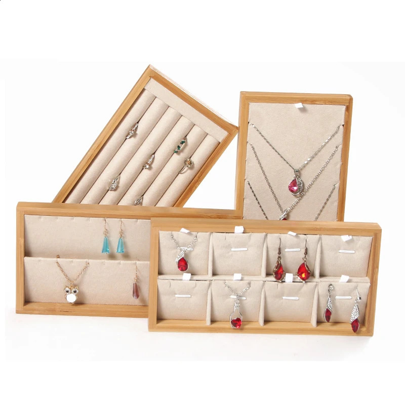 Natural Bamboo Solid Wood Jewelry Display Tray Necklace Ring Earring Storage Box Jewelry Display Plate 250424