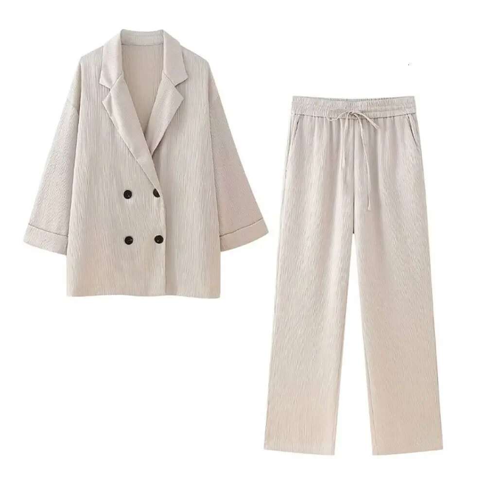 Willshela Women Fashion 2 Piece Set Solid Double Breasted Blazer & Elastic Waist Trousers Feamle Chic Lady Pants Sets