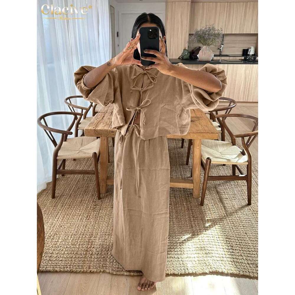 Clacive Casual Loose Khaki Cotton 2 Piece Sets Women Outfit Fashion Puff Sleeve Lace-Up Shirt With High Waist Long Skirts Set