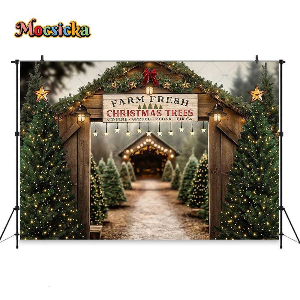 Mocsicka Christmas Tree Farm Background Photography Glitter Star Green Pine Wooden Door Backdrop Winter Family Kids Photo StudioM251125