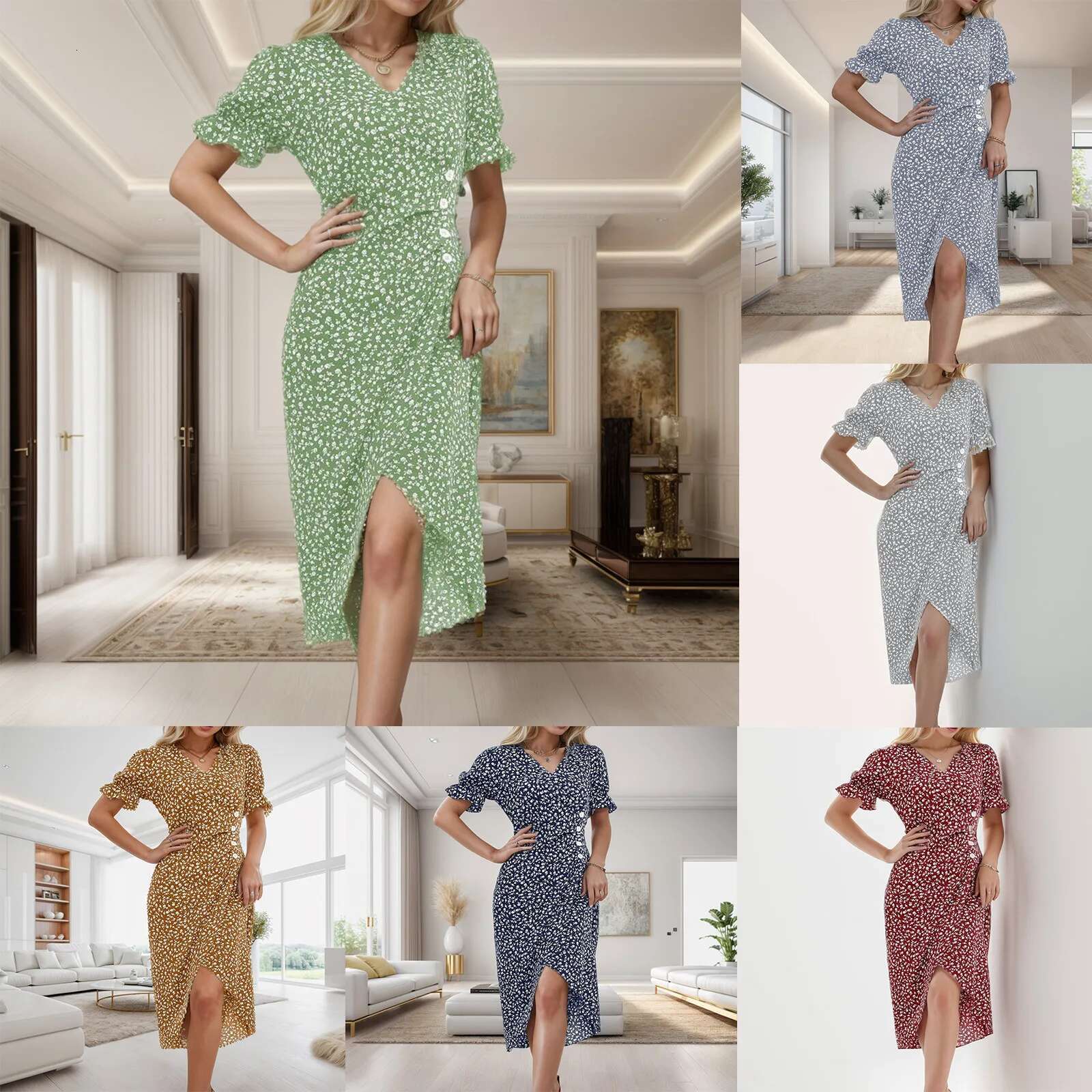 Dongdumaoyi Summer Floral Bodycon Midi Dress For Women V Neck Long Sleeve Ruched Slim Fit Dresses Female Clothing Sexy Vestido Robe