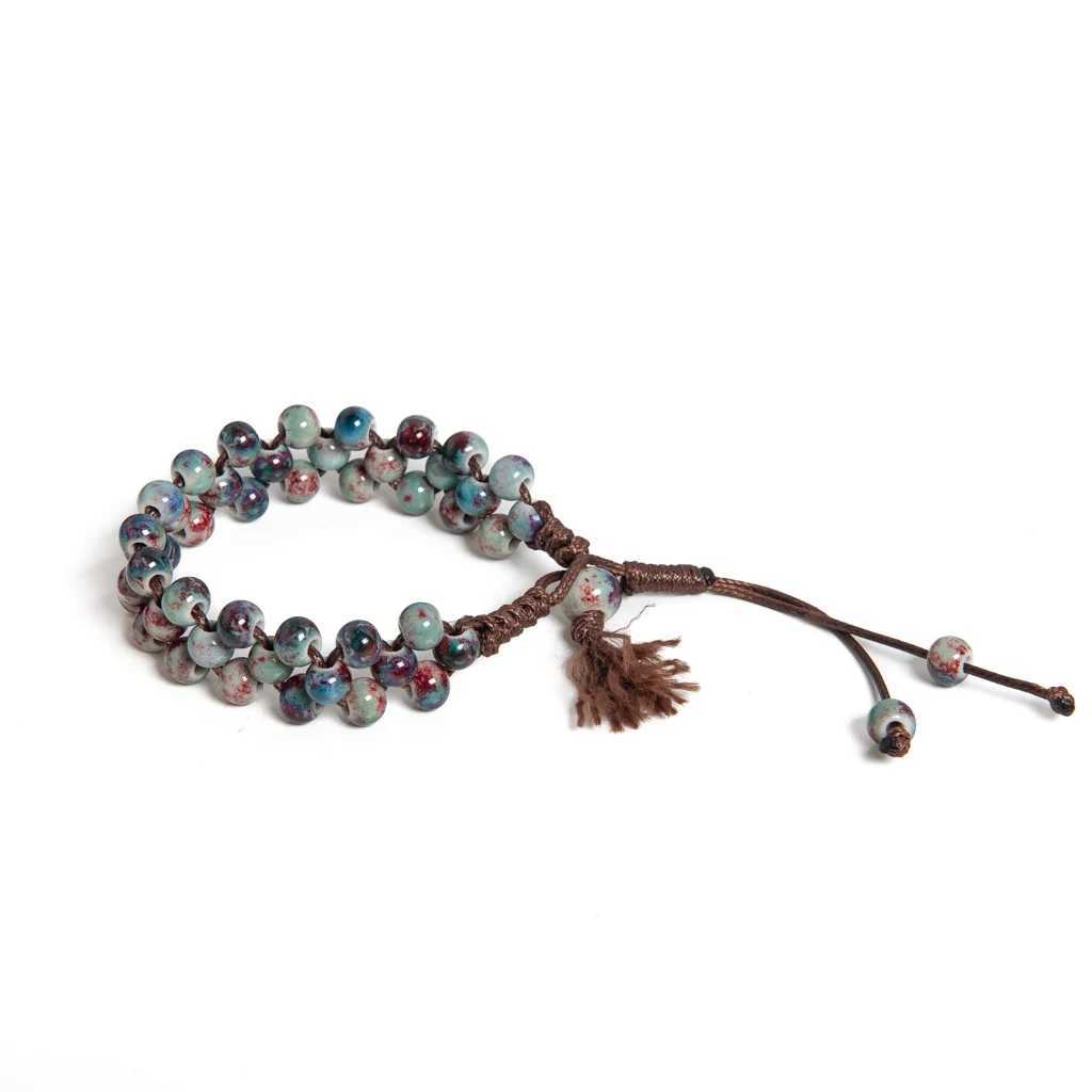 Handmade Wine Red Ceramic Beaded Bracelet with Tassel Adjustable Wide Braided Rope Vintage Chinese Style S03-119 J251125