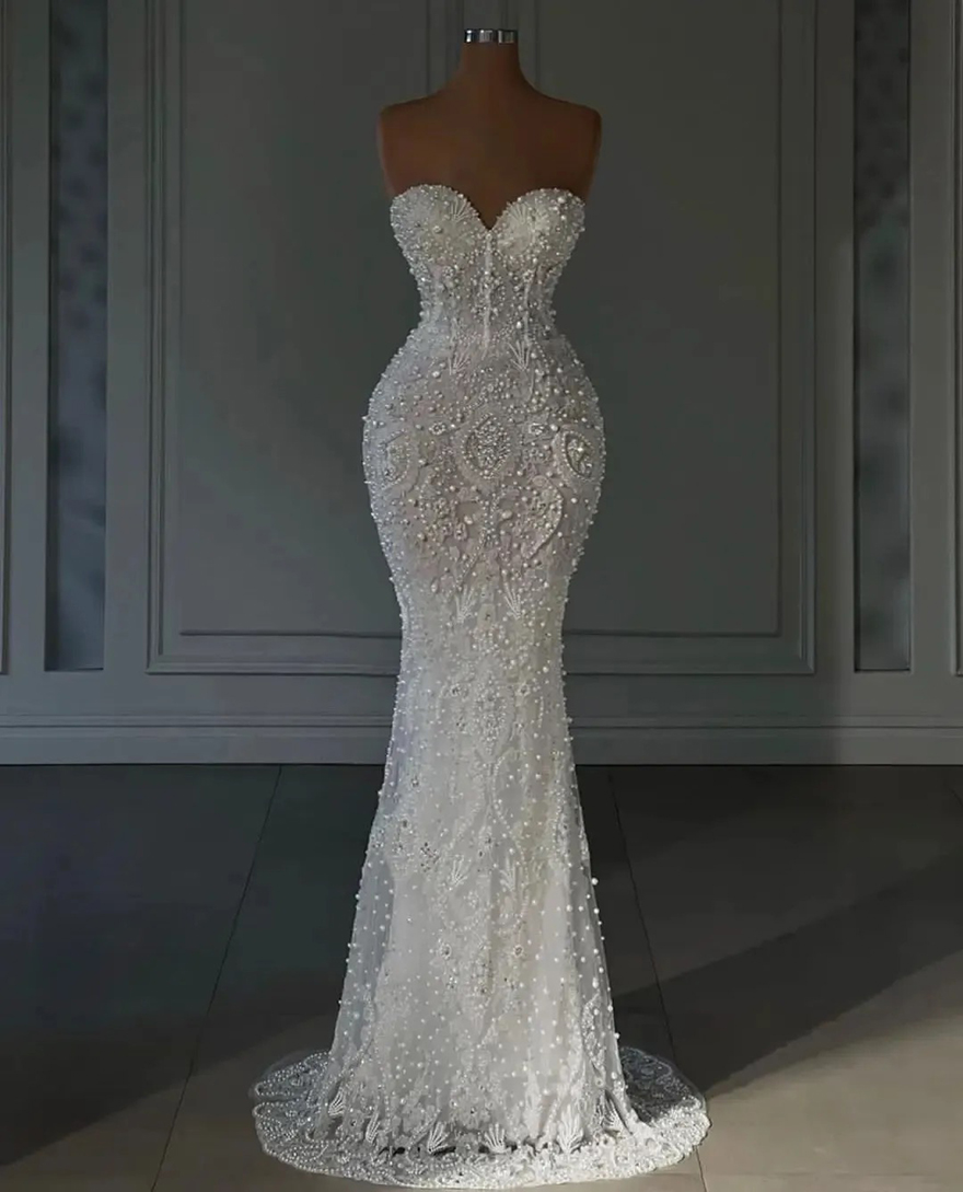 Elegant Pearls Mermaid Bridal Gowns Strapless Wedding Dress Appliques Beaded Custom Made Sleeveless Bride Dresses Vestido de novia