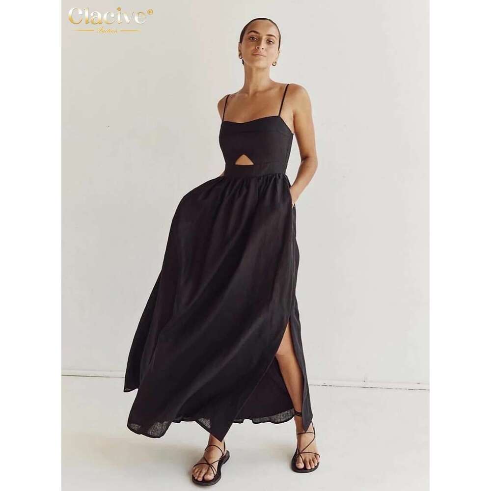 Clacive Sexy Loose Black Cotton Womens Dresses 2024 Summer Strap Sleeveless Ankle Length Elegant Hollow Out Female Dress