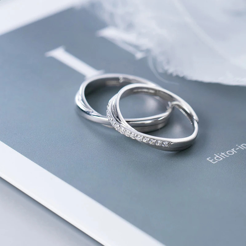 Modian Romantic Engagement Couple Ring 925 Pure Silver Shiny Transparent CZ Gloss Line A Pair Ring Jewelry 250422