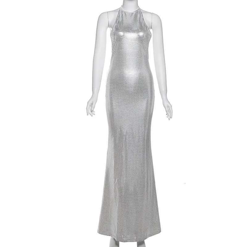 Dongdumaoyi Townlike Elegant Maxi Long Slim Bodycon Dress Women Halter Spring Summer Sparkle Glitter Nightclub Sexy Party Dresses